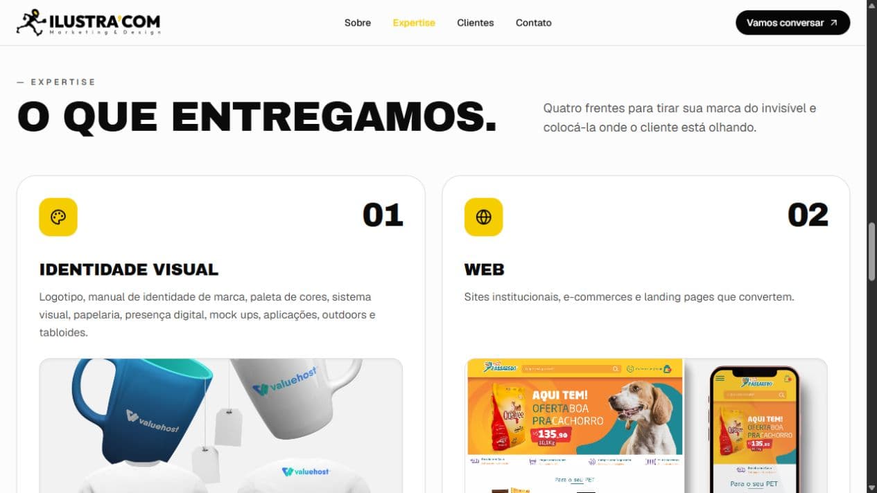 Seção de serviços da Ilustracom, com identidade visual e web.