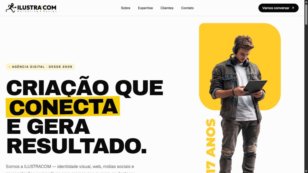 Página inicial real da Ilustracom, com tipografia preta e destaques amarelos.