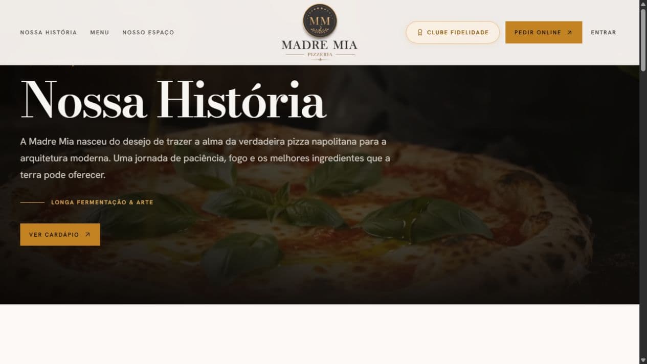Site real da Madre Mia, com sua identidade visual e fotografia de pizza napolitana.