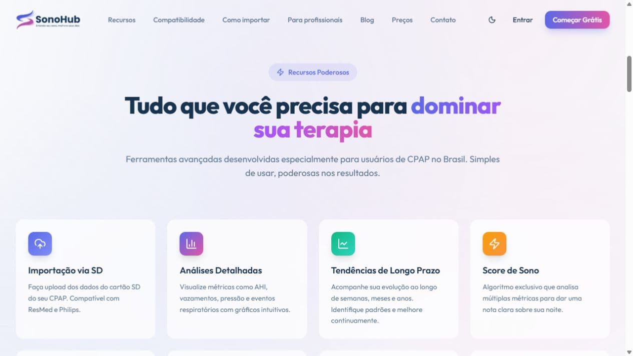 Recursos publicados pelo SonoHub: importação, análises, tendências e score de sono.