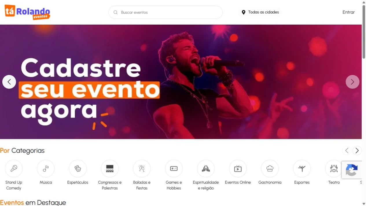 Página inicial real do Tá Rolando Eventos, com busca, destaque de eventos e categorias.