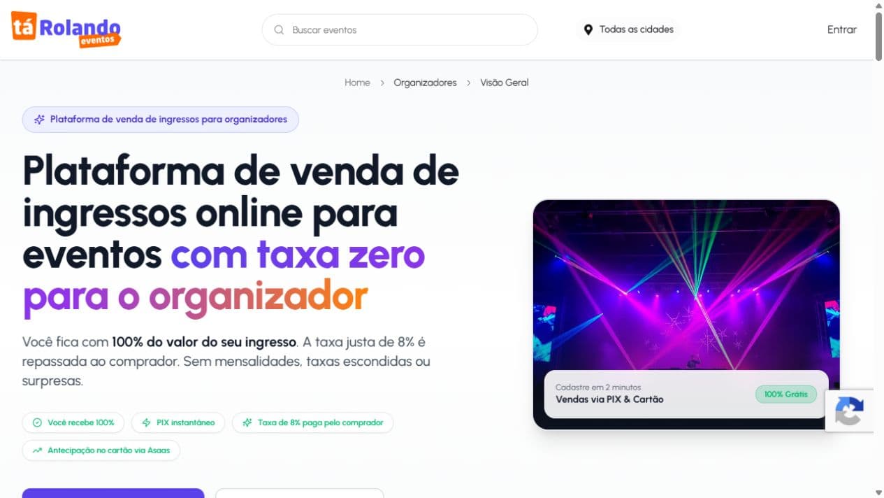 Página do Tá Rolando Eventos que apresenta a plataforma para organizadores.
