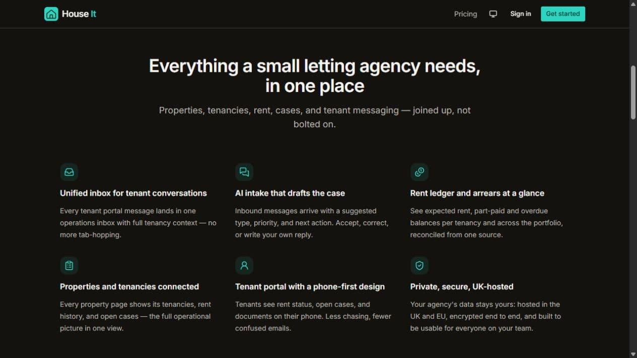 Recursos reais da House It: inbox, assistência de IA, aluguéis, imóveis e portal do inquilino.